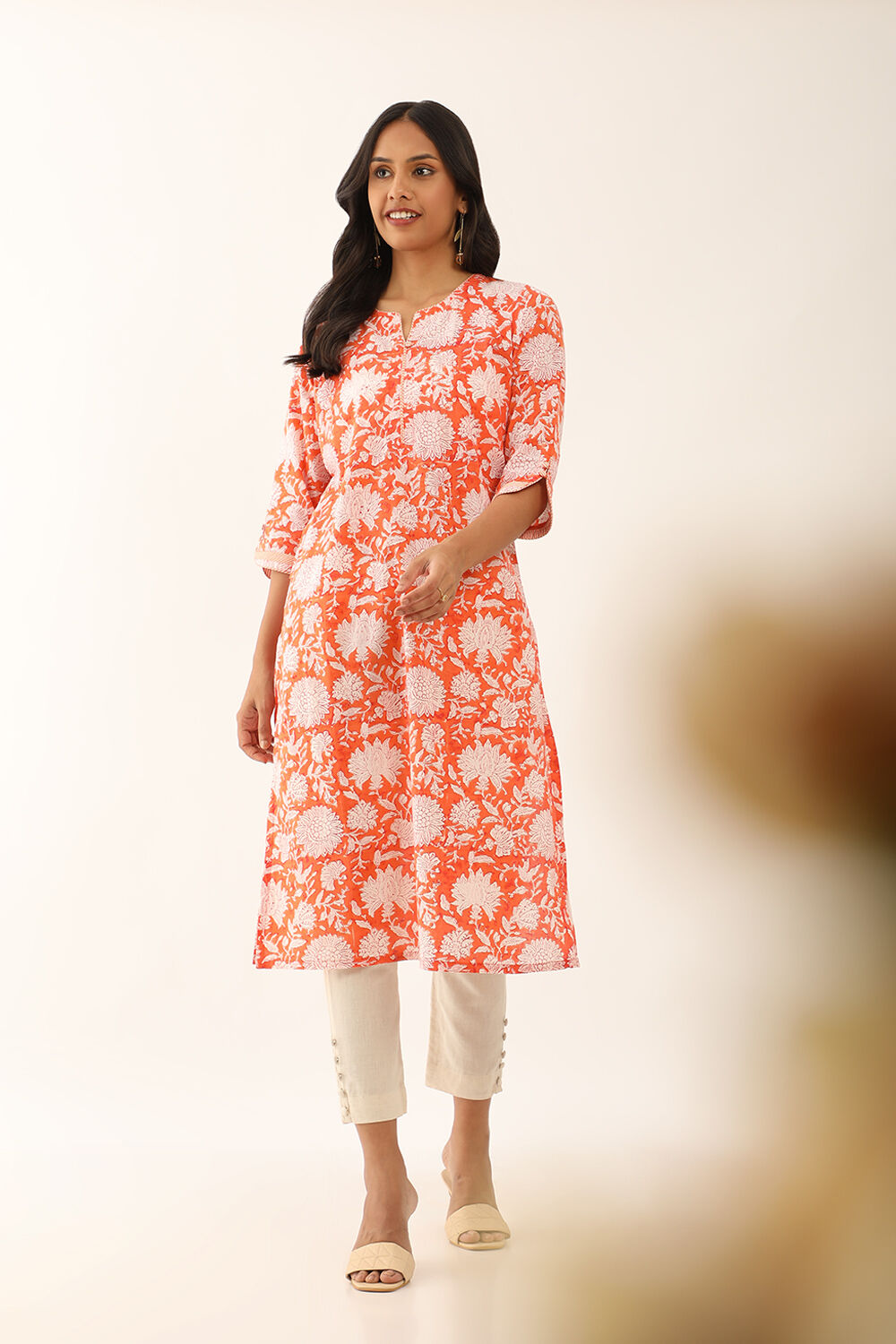 Orange Pure Cotton Sanganeri Block Printed Kurta image number null
