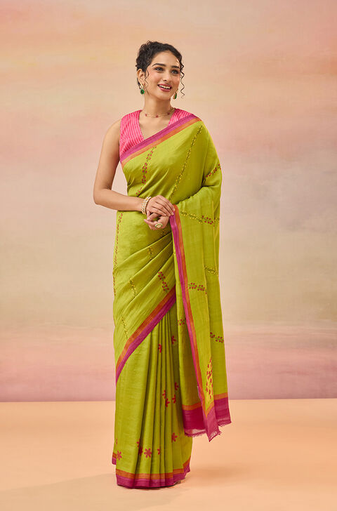 Light Green Pure Silk Block Printed Chattisgarh Saree