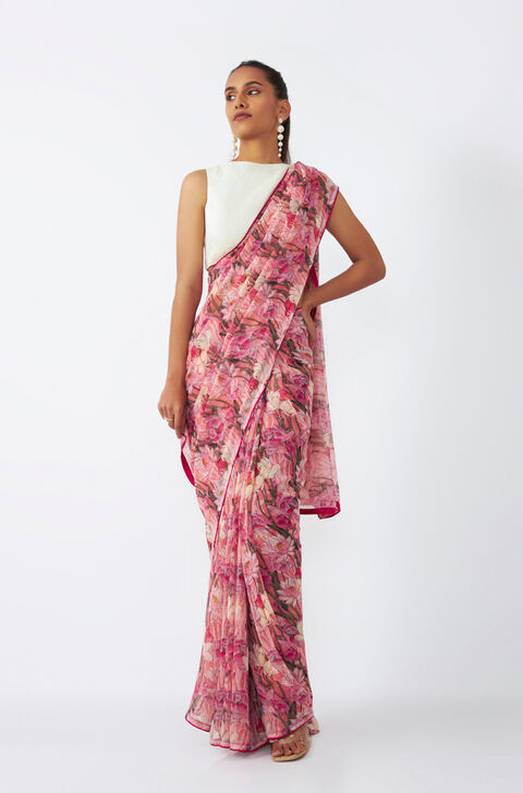 Pink Viscose Chiffon Digital Printed Saree