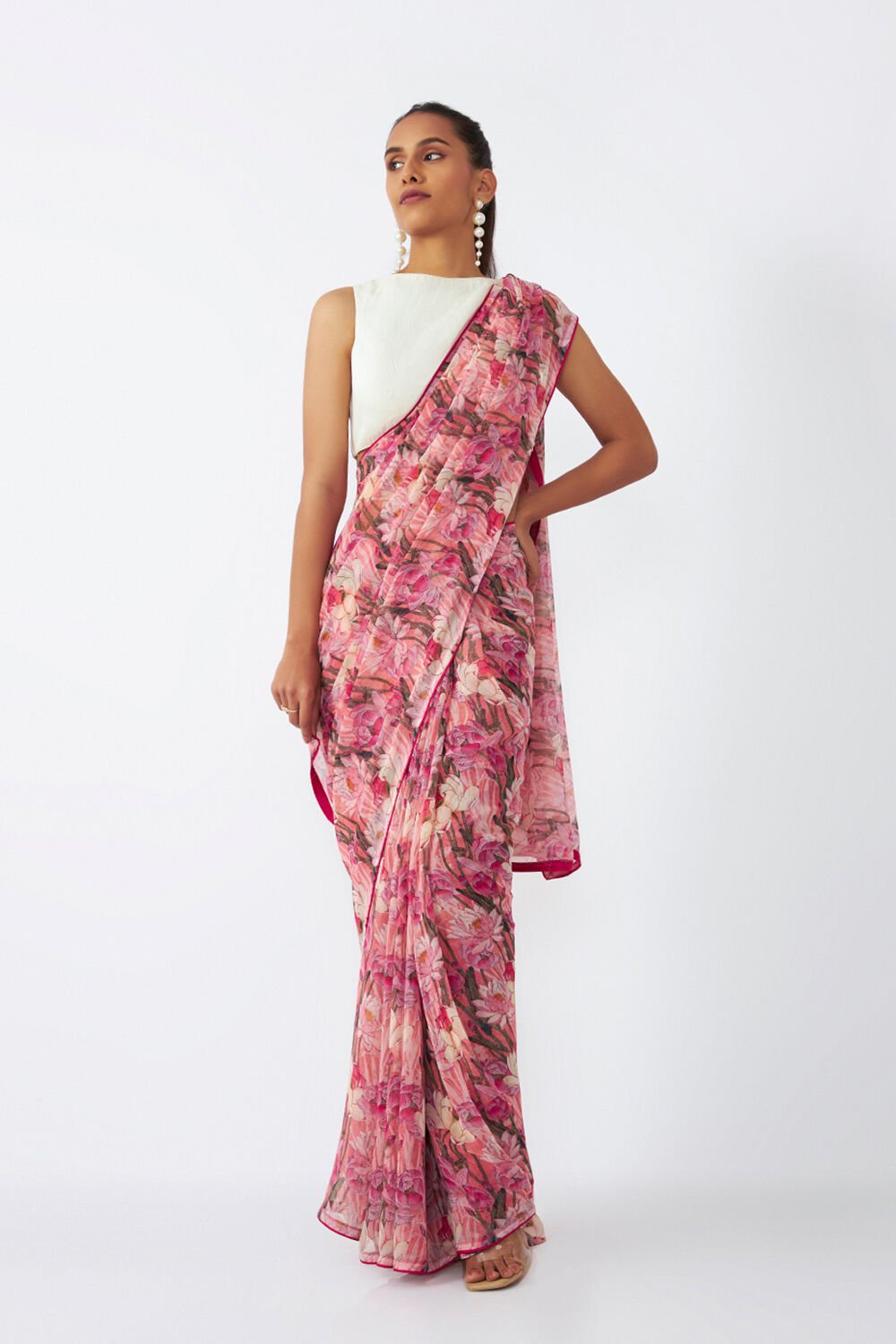 Pink Viscose Chiffon Digital Printed Saree image number null