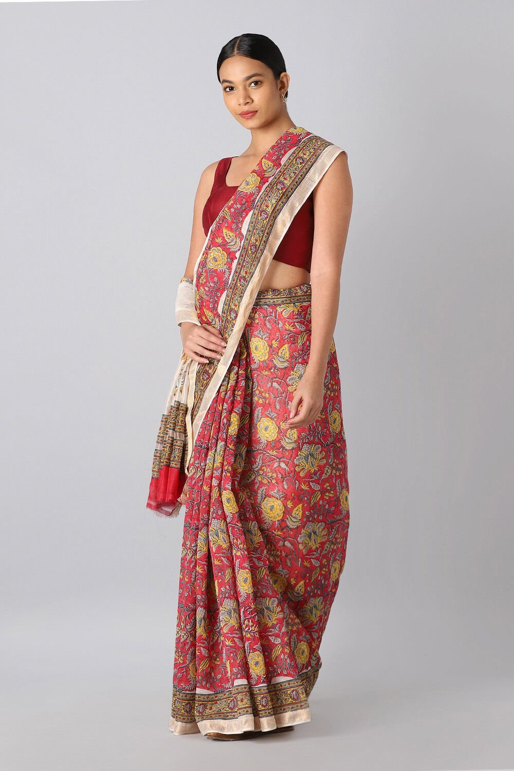 Dark Pink Pure Silk Cotton Sanganeri Printed Saree image number null