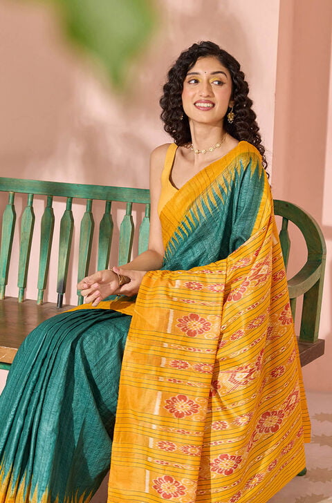 Dark Green Ikat Pure Tussar Silk Gopalpur Saree