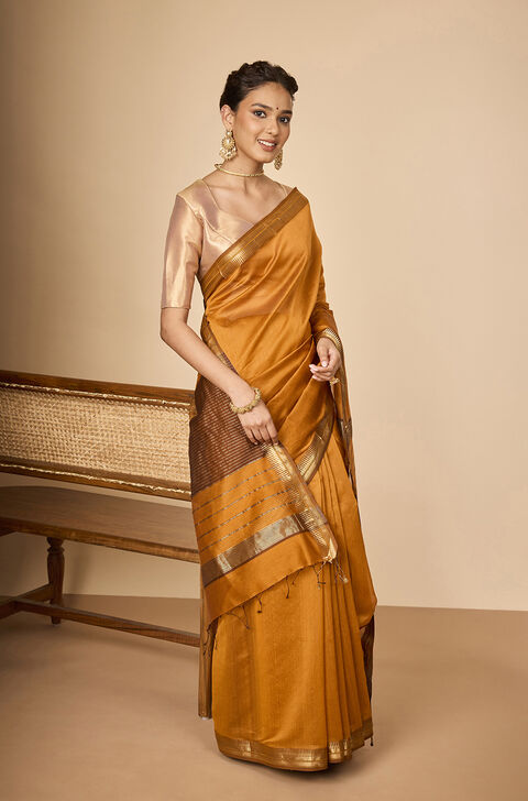 Dark Orange Woven Pure Silk Cotton Maheshwari Saree