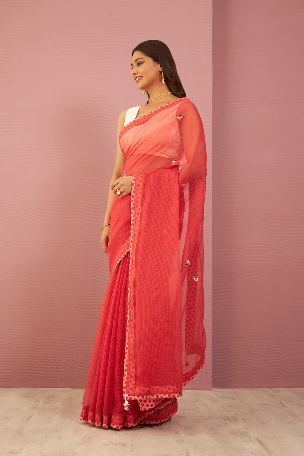 Red Pure Kota Embroidered Saree image number null
