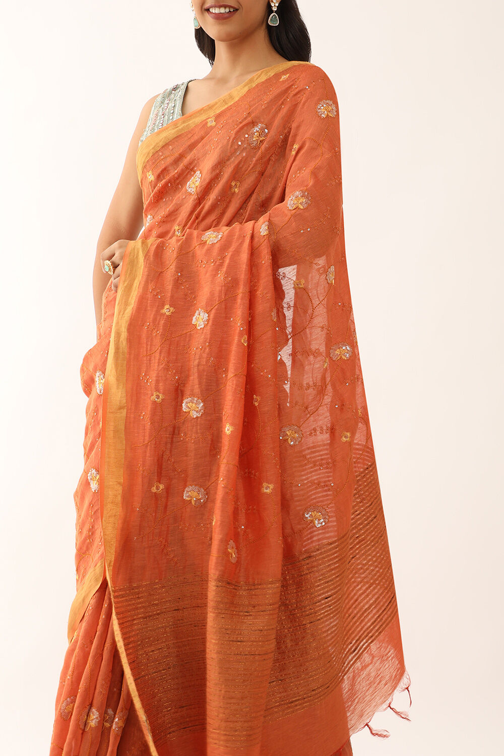 Orange Bhagalpur Pure Silk Linen Embroidered Saree image number null