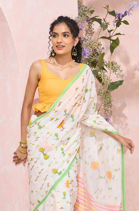 Off White Rajasthan Pure Cotton Printed Sanganeri Saree
