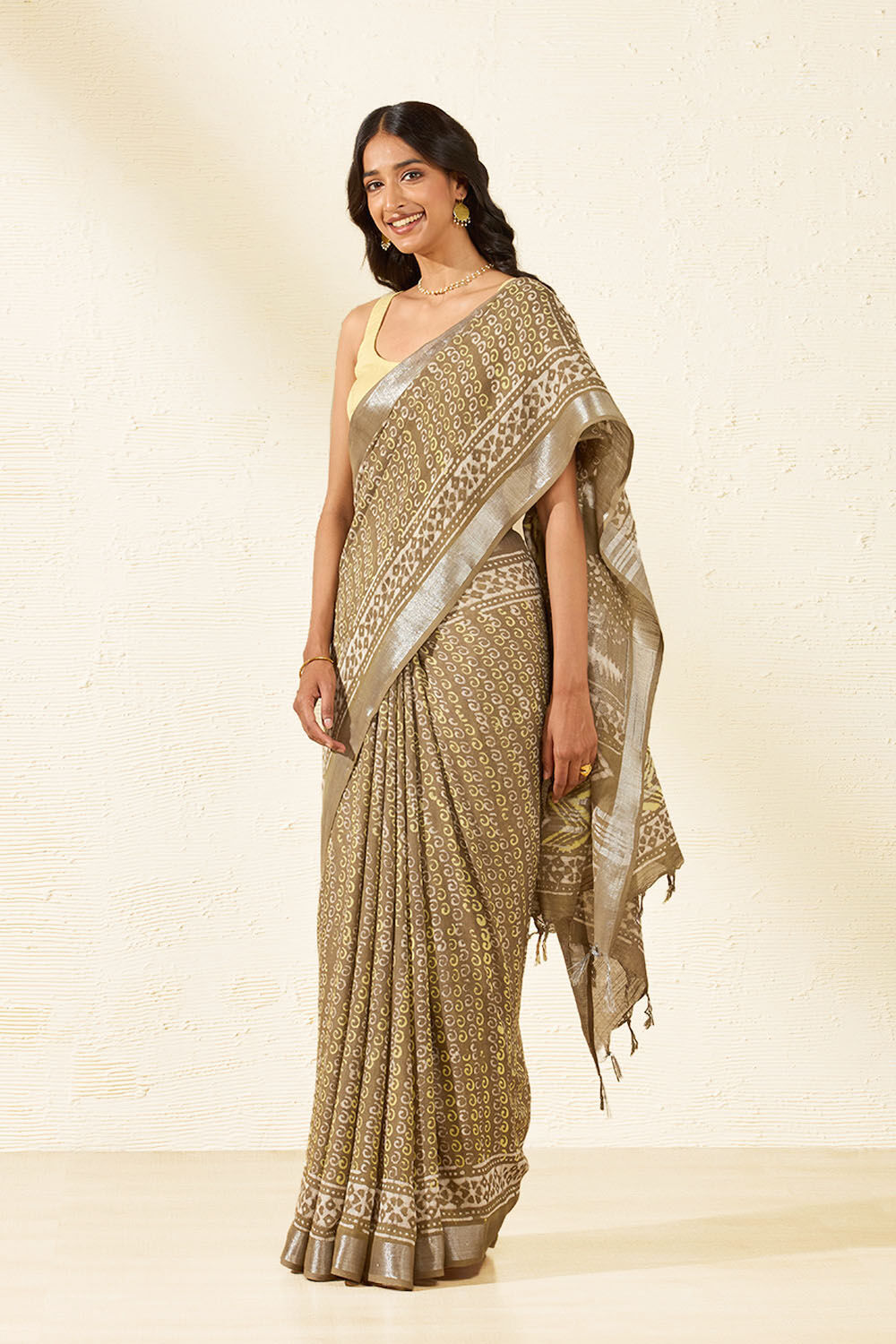 Brown Block Printed Cotton Viscose Saree image number null