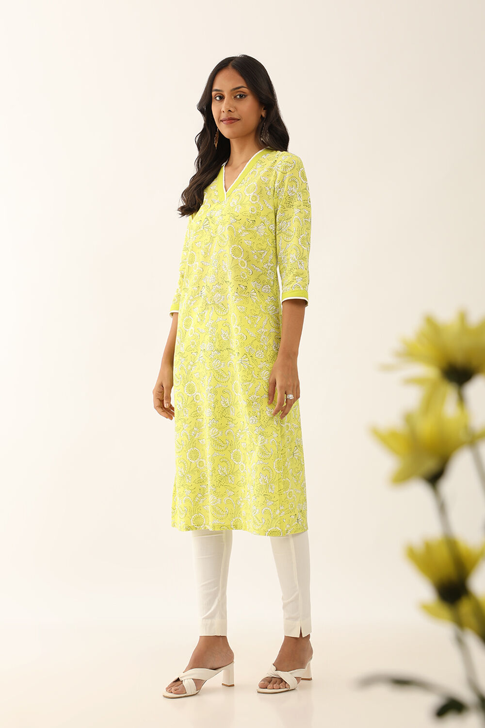 Yellow Pure Cotton Block Printed Kurta with Embroidery image number null