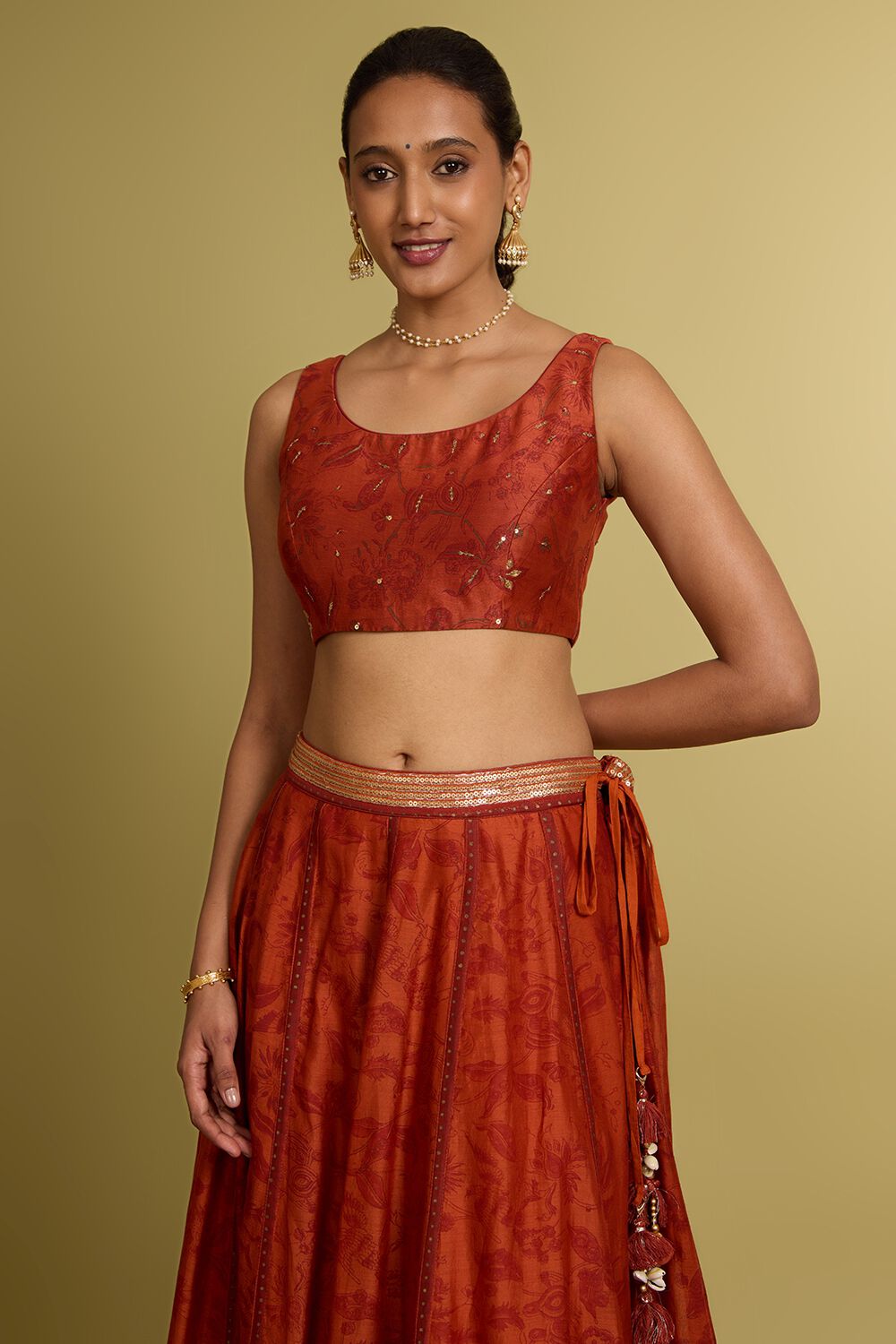 Dark Orange Rajasthan Pure Silk Cotton Printed Embroidery Lehenga image number null