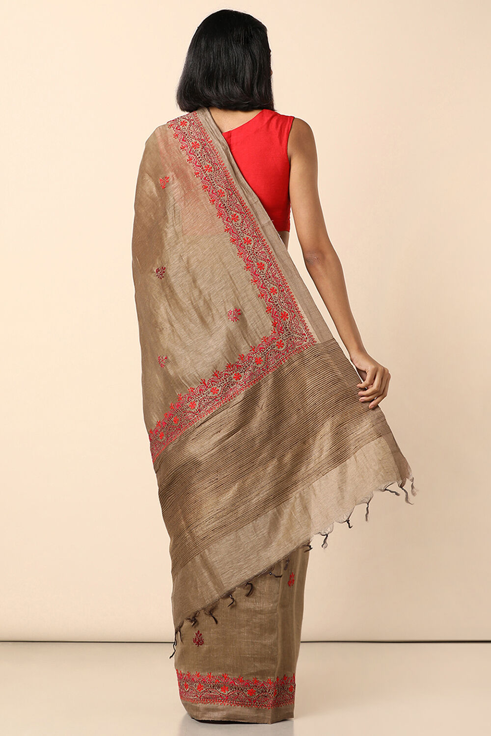 Beige Embroidered Pure Silk Linen Saree image number null