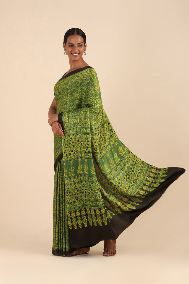 Green Pure Silk Ajrakh Printed Saree