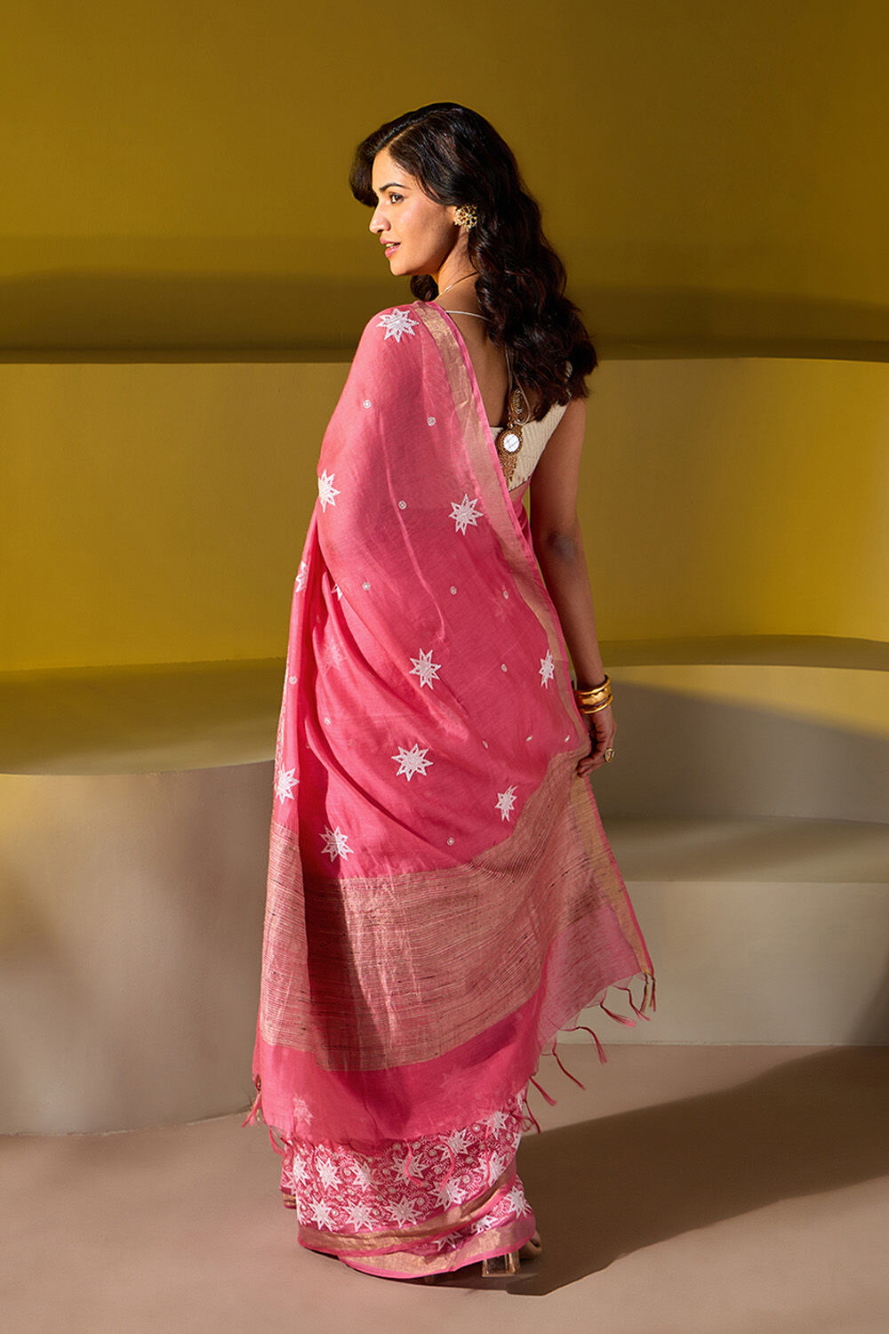 Pink Pure Silk Linen Embroidered Saree image number null