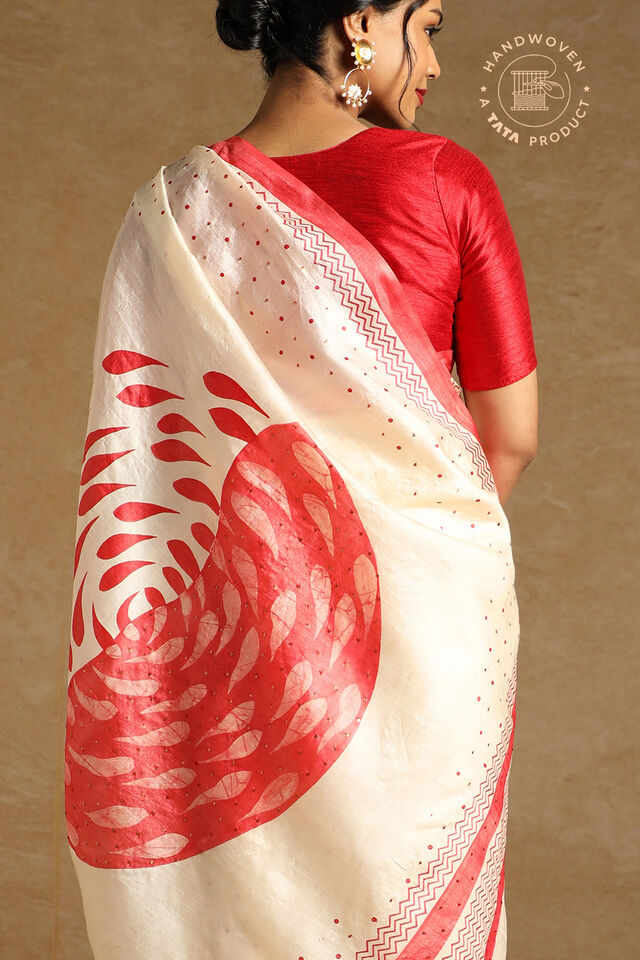 Beige Pure Tussar Silk Hand Painted Saree