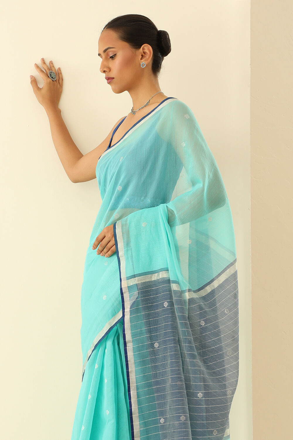 Light Bluish Green Pure Silk Cotton Woven Chanderi Saree image number null