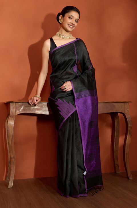 Black Bhagalpur Woven Pure Tussar Silk Saree