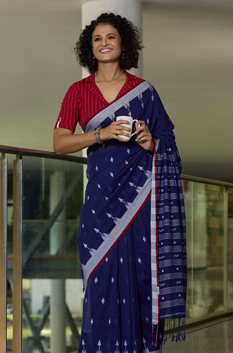 Dark Blue Bengal Pure Cotton Jamdani Saree