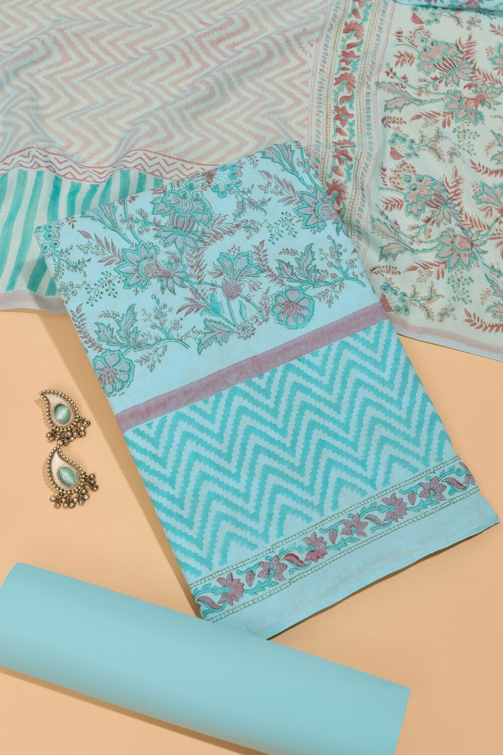 Light Blue Pure Cotton Printed Sanganeri Unstitched Suit Set image number null