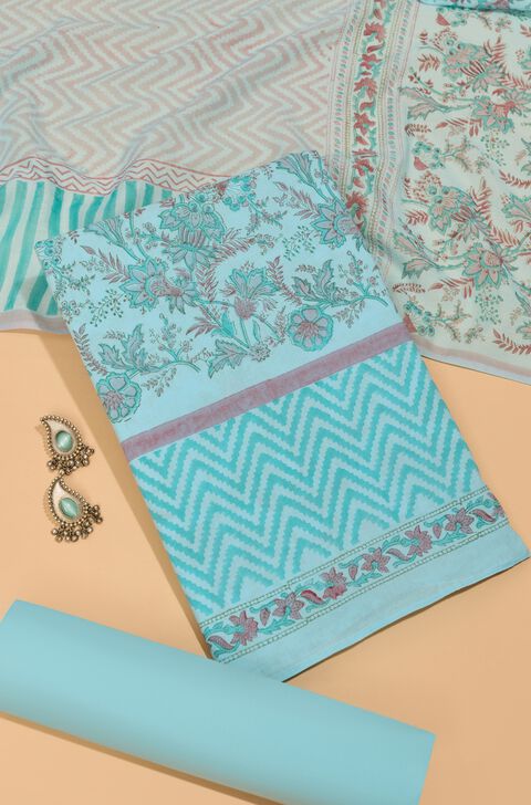 Light Blue Pure Cotton Printed Sanganeri Unstitched Suit Set