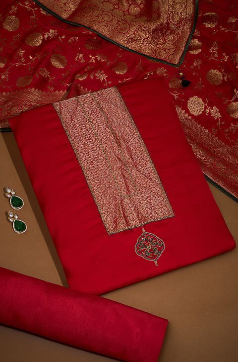 Red Embroidered Viscose Unstitched Suit Set