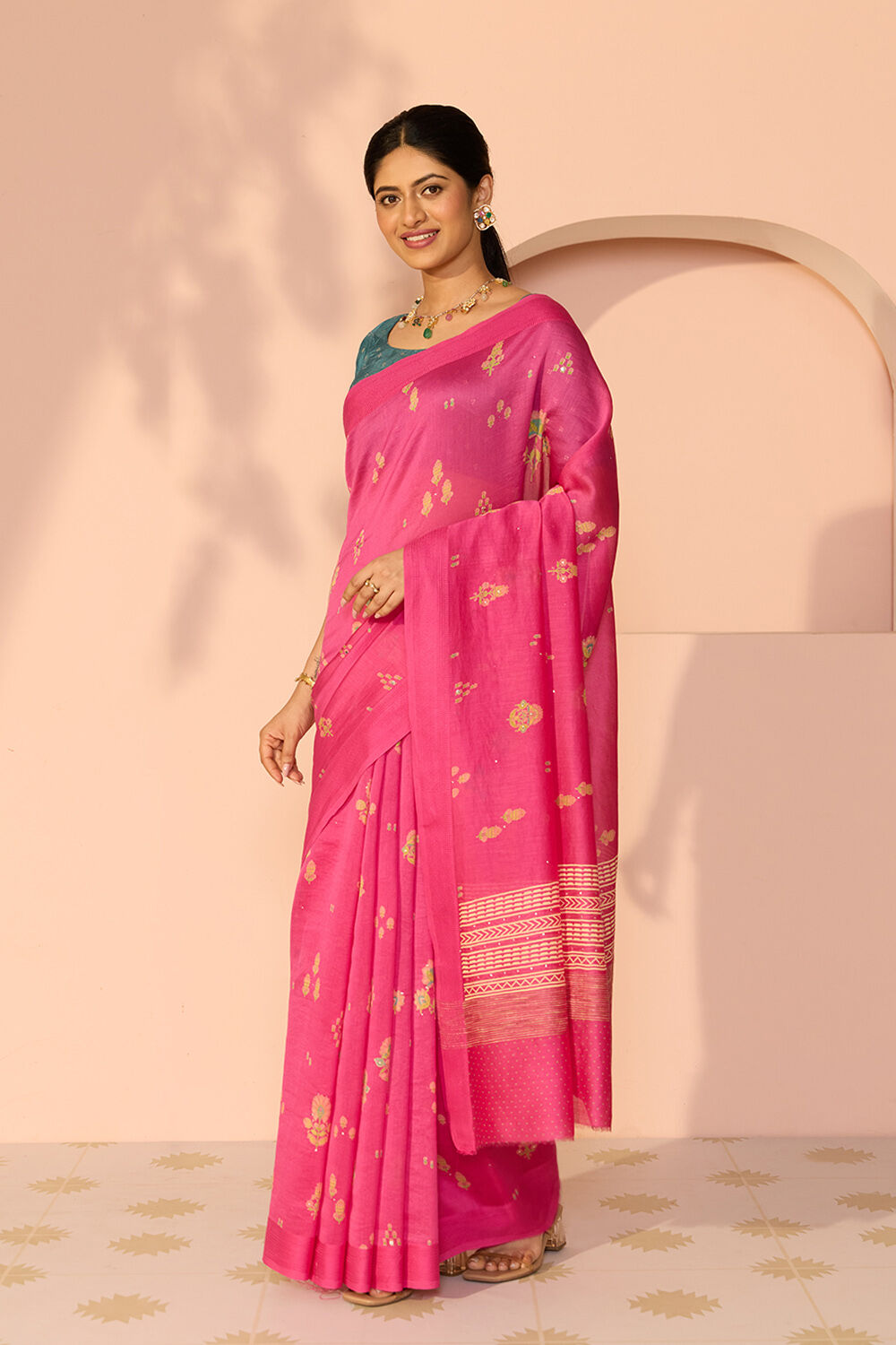 Dark Pink Mukaish Pure Silk Cotton Saree image number null