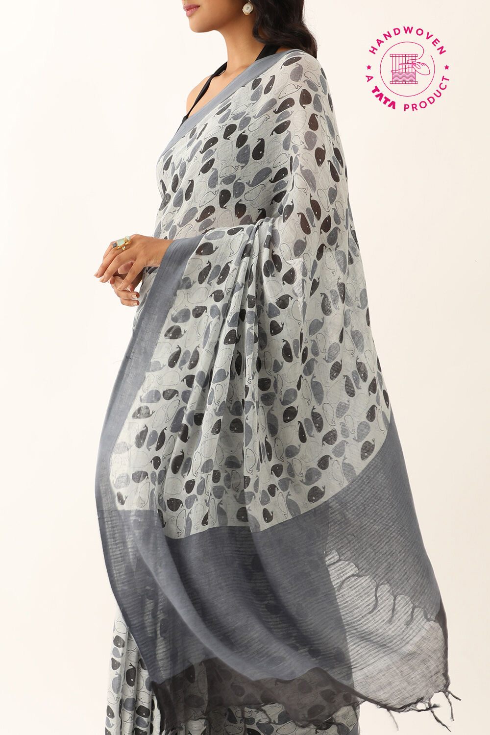 Off White Pure Linen Printed Saree image number null