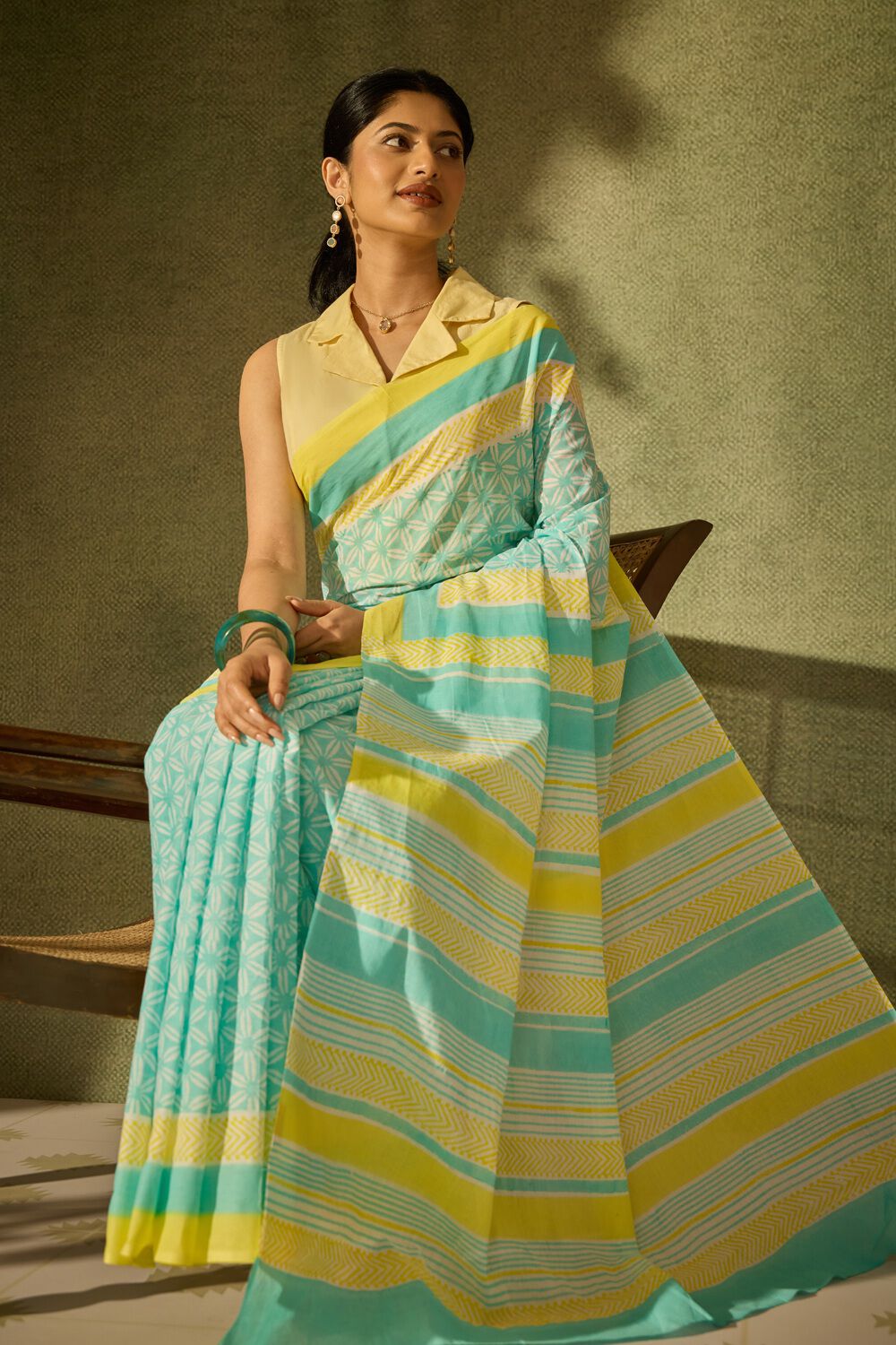Light Blue Pure Cotton Block Printed Bengal Saree image number null