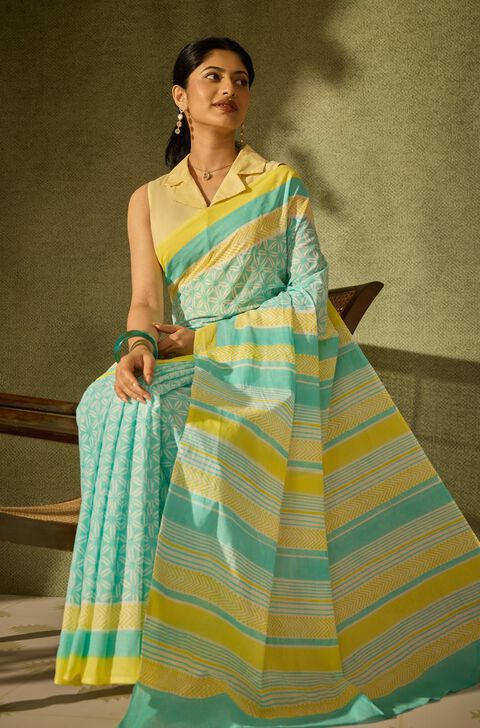 Light Blue Pure Cotton Block Printed Bengal Saree
