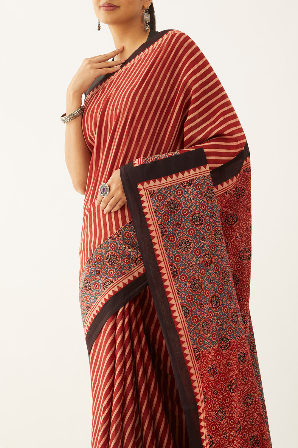 Red Pure Cotton Ajrakh Block Print Saree image number null