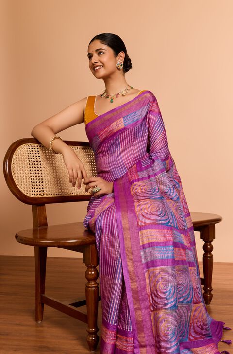 Purple Pure Tussar Silk Block Printed Bengal Saree