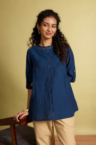 Blue Woven Pure Cotton Short Top thumbnail image number null