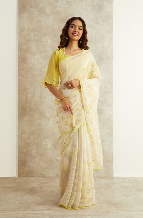Off White Block Printed Pure Silk Cotton Bengal Saree