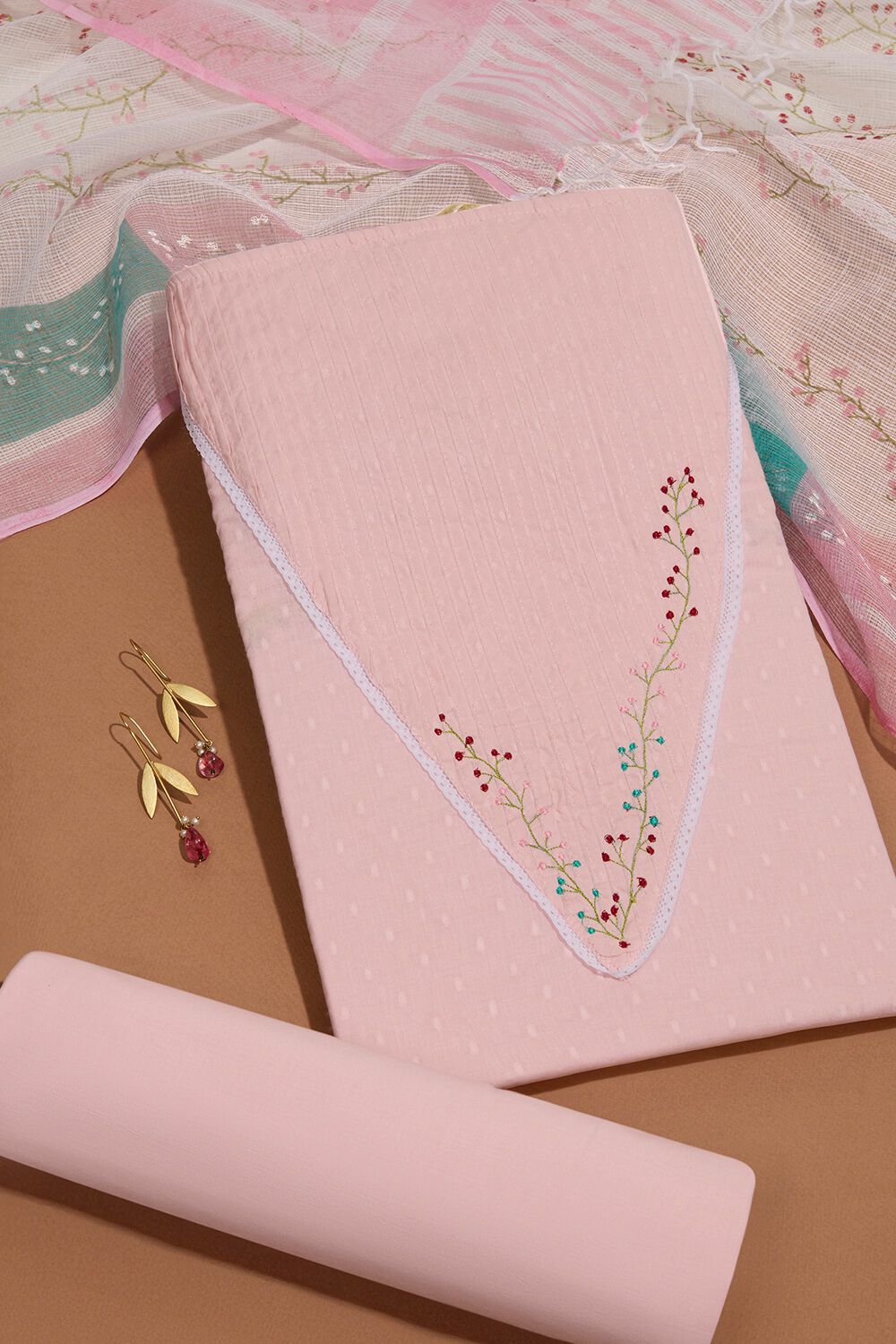 Light Pink Pure Cotton Embroidered Unstitched Suit Set image number null