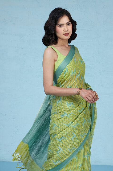 Yellow Screen Printed Pure Linen Saree