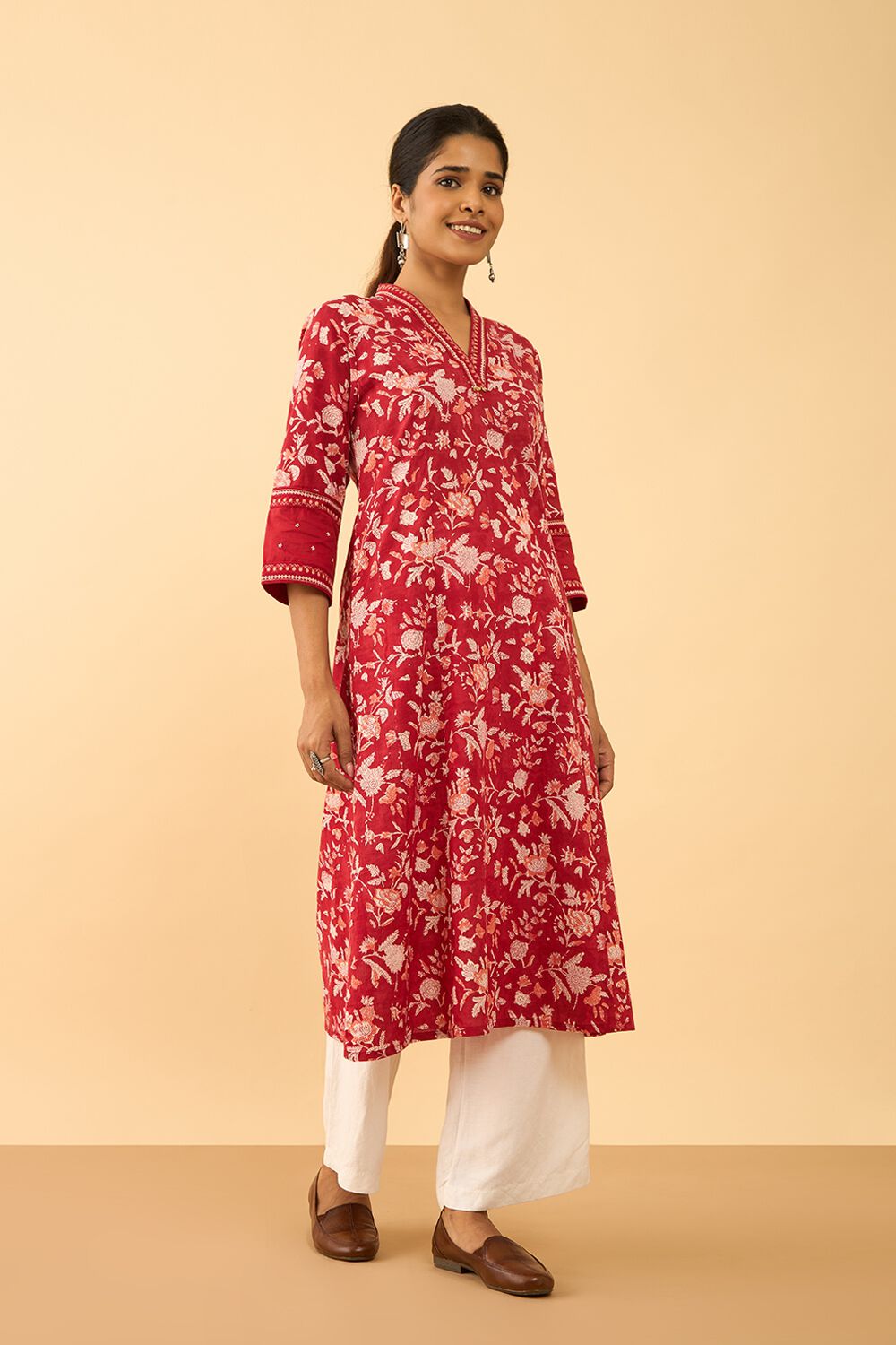 Red Pure Cotton Printed Sanganeri Kurta image number null