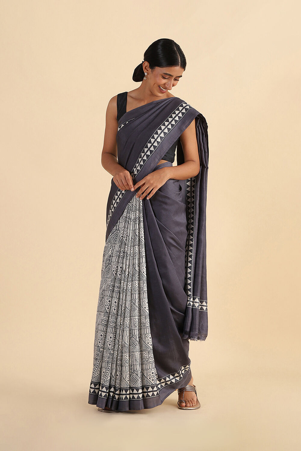 Grey Hand Blockprinted Pure Silk Saree image number null