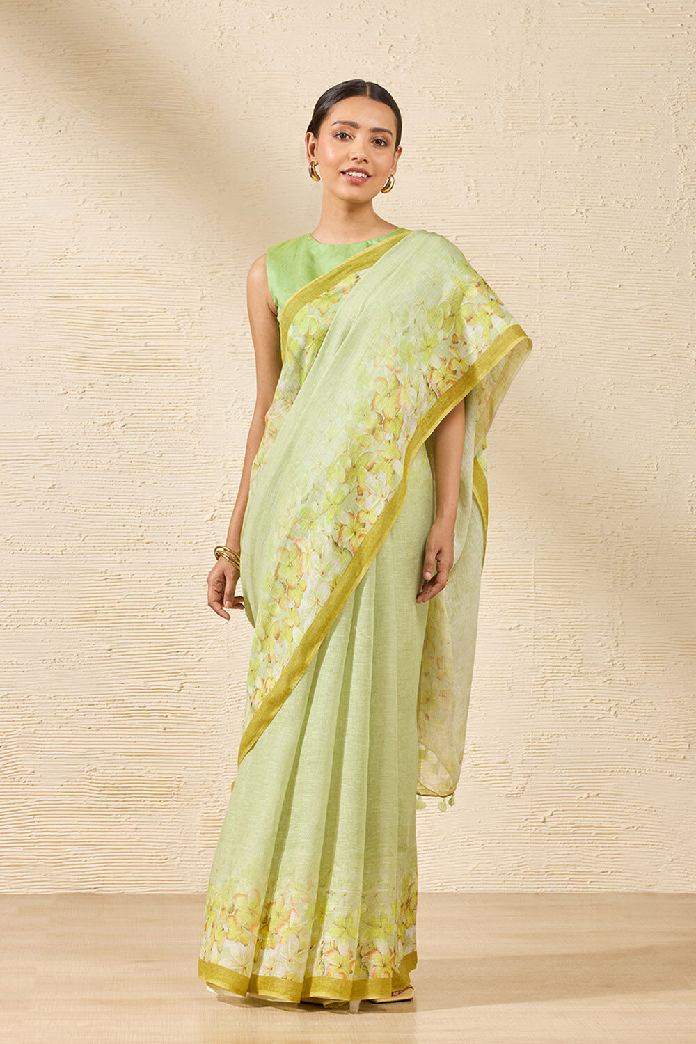 Green Printed Pure Linen Saree image number null