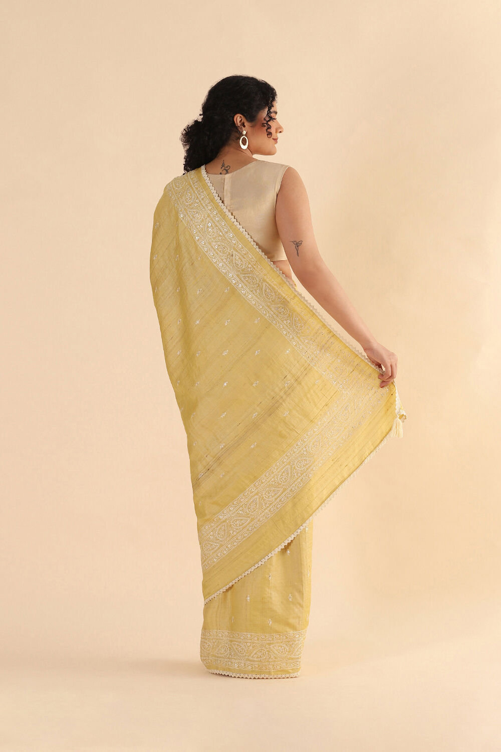 Yellow Pure Tussar Embroidered Saree image number null