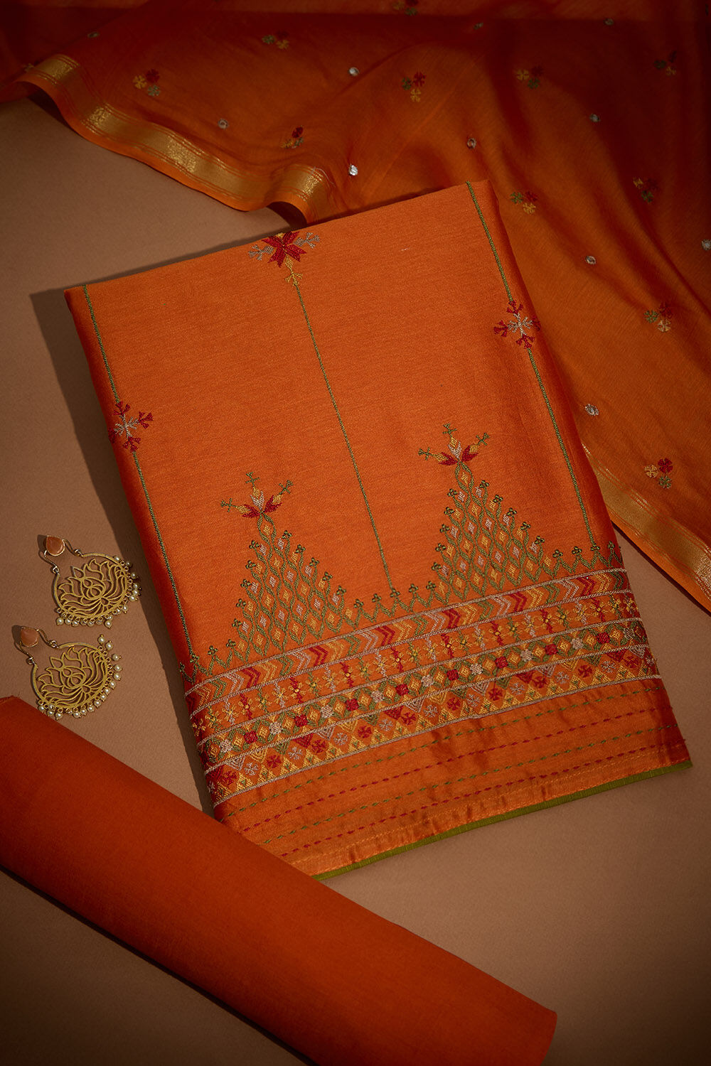 Orange Pure Silk Cotton Embroidered Unstitched Suit Set image number null