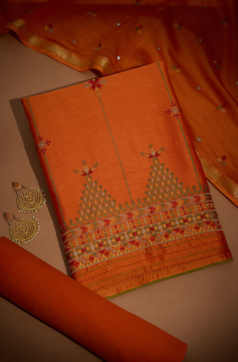 Orange Pure Silk Cotton Embroidered Unstitched Suit Set