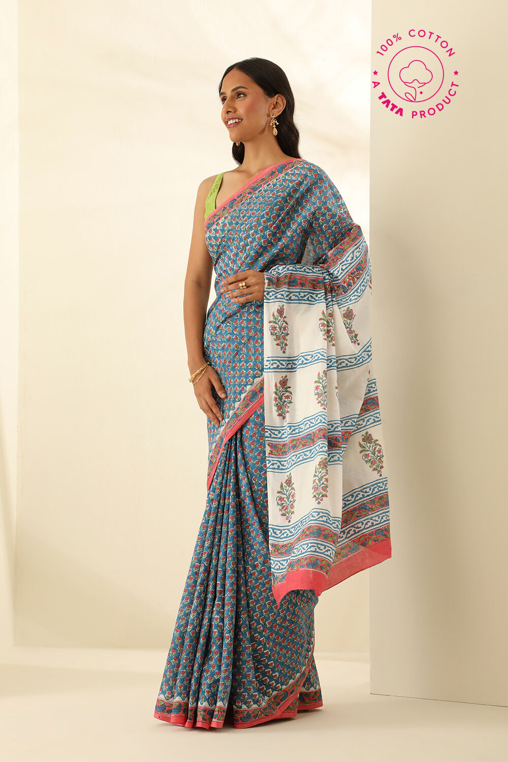 Blue Pure Cotton Bagru Block Printed Saree image number null