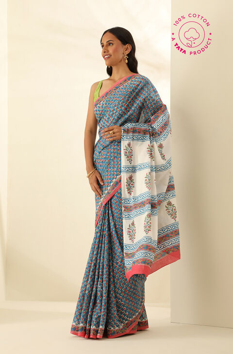 Blue Pure Cotton Bagru Block Printed Saree