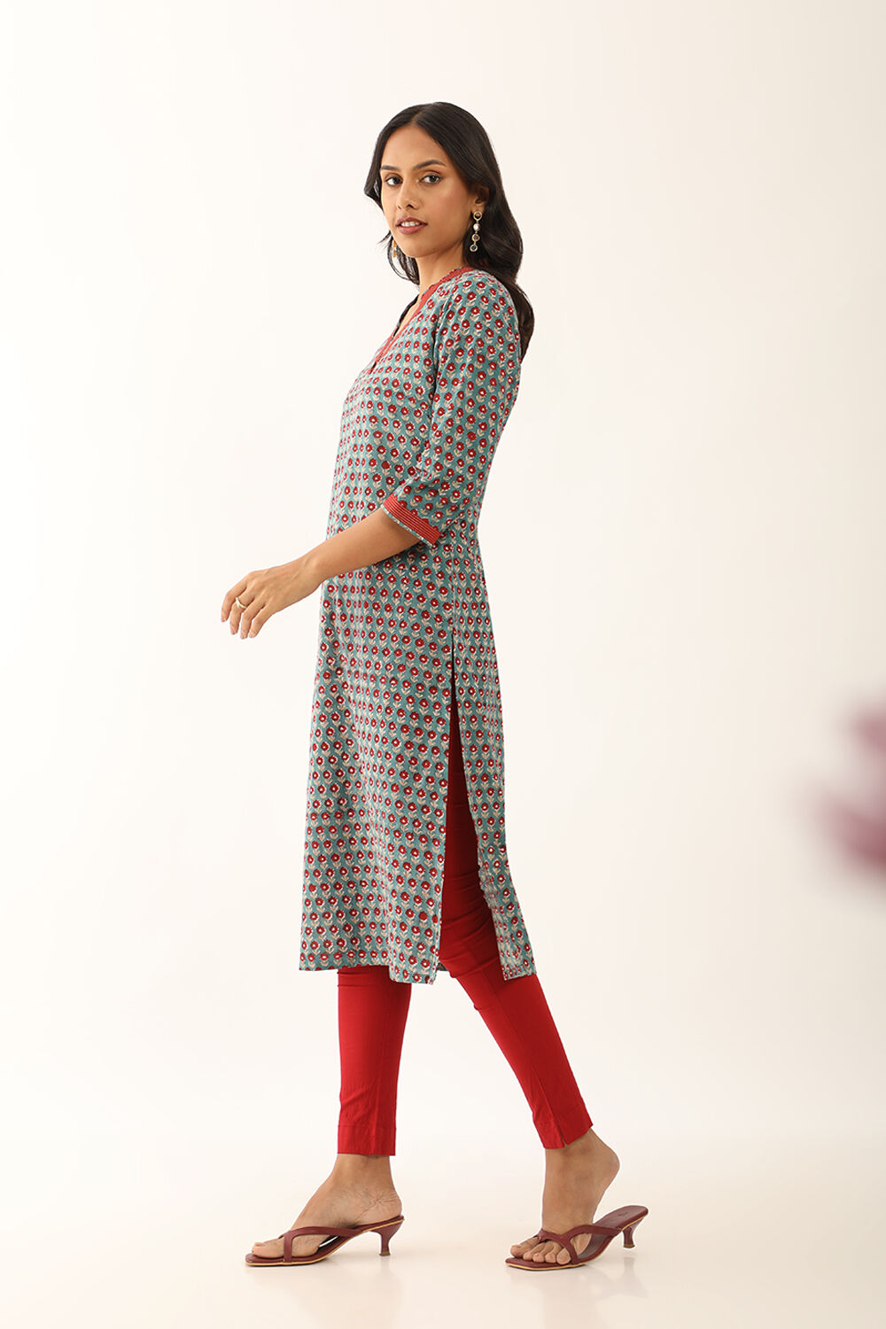 Green Pure Cotton Block Printed Kurta with Embroidery image number null