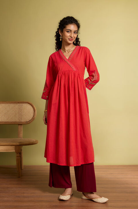 Pink Embroidered Pure Cotton Kurta
