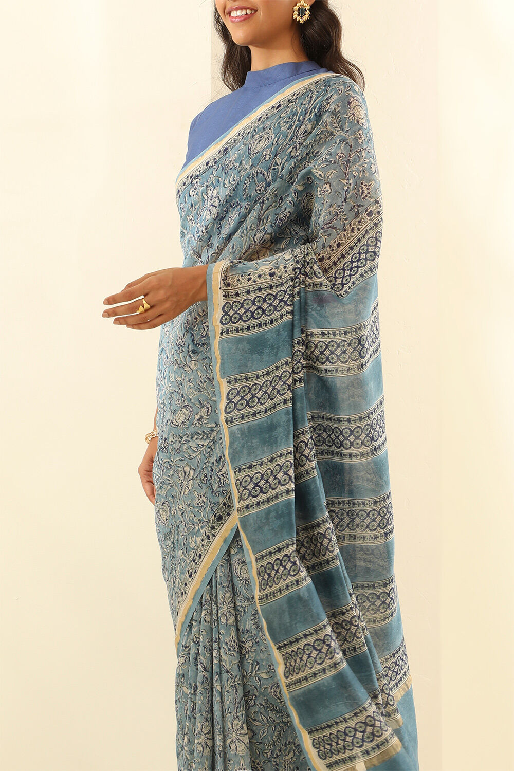 Light Blue Pure Silk Cotton Bagru Block Printed Saree image number null