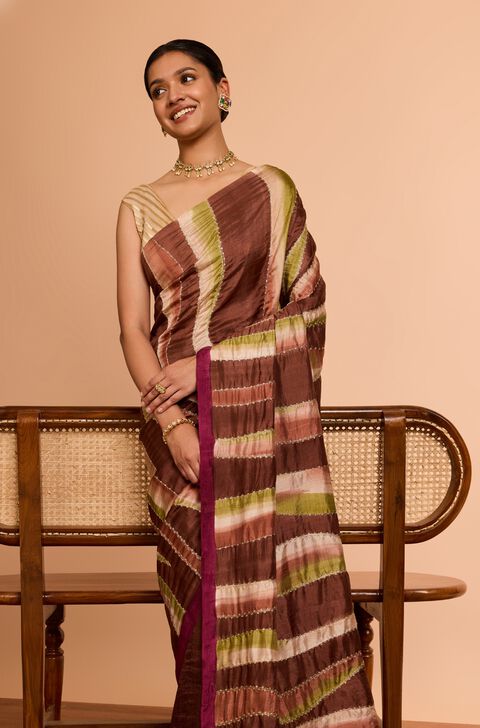 Brown Murshidabad Pure Silk Hand Painted Embroidered Saree