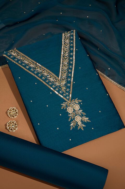 Dark Blue Viscose Organza Embroidered Unstitched Suit Set