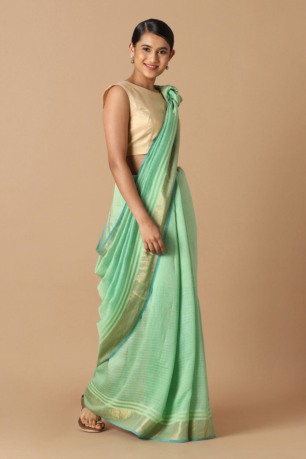 Green Pure Silk Linen Bhagalpuri Saree image number null