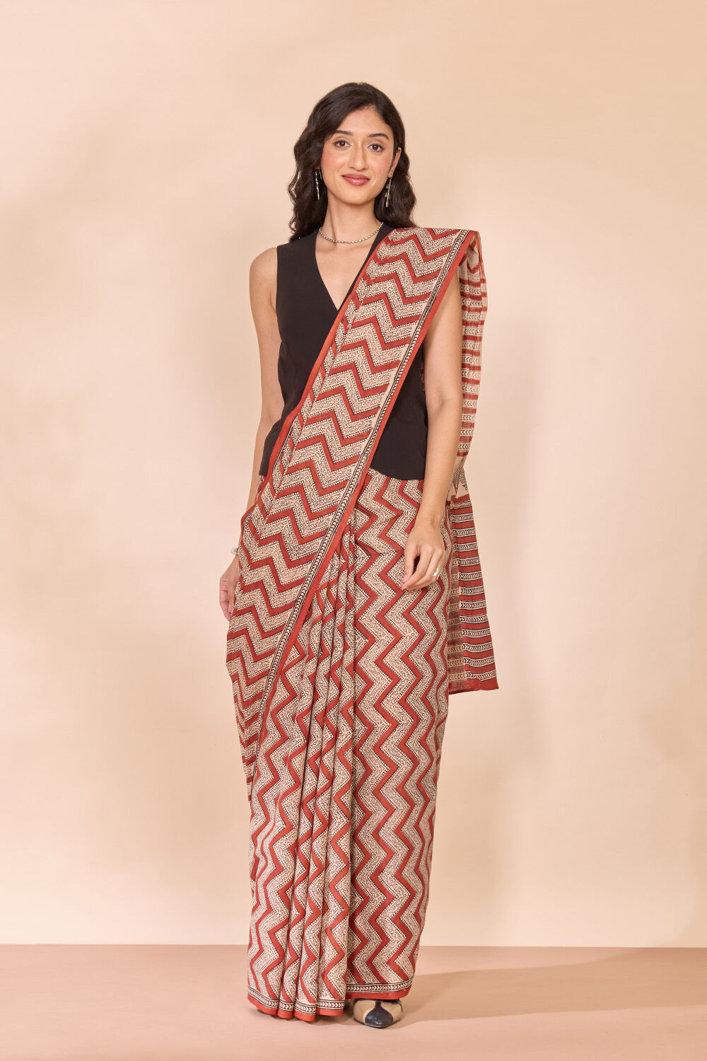 Dark Red Rajasthan Block Printed Pure Cotton Saree image number null