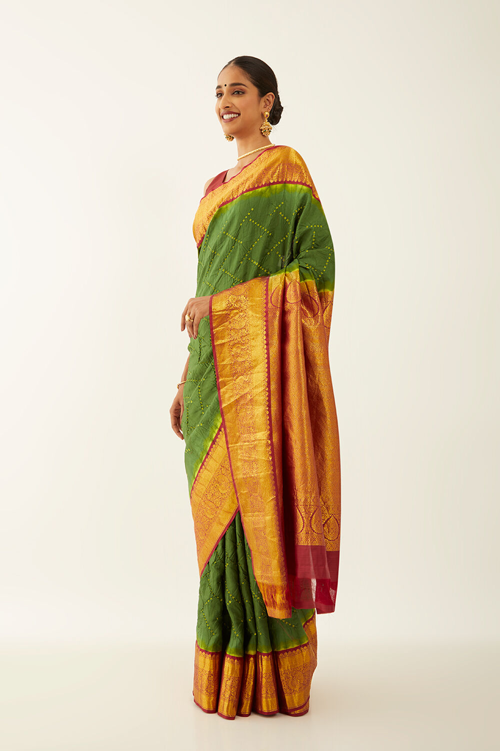 Dark Green Pure Silk Bandhani Saree image number null
