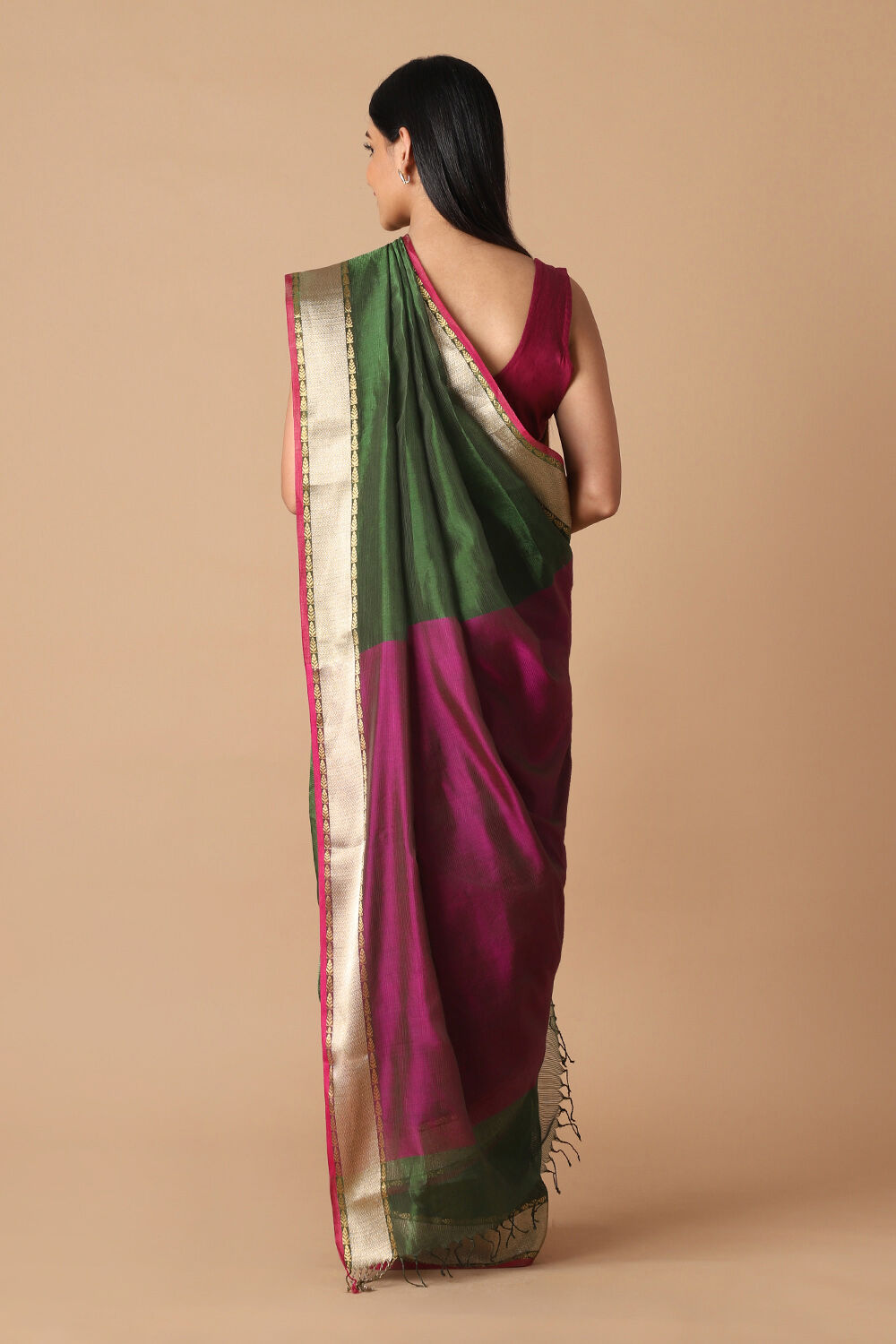 Dark Green Pure Tissue Silk Maheswari Saree image number null